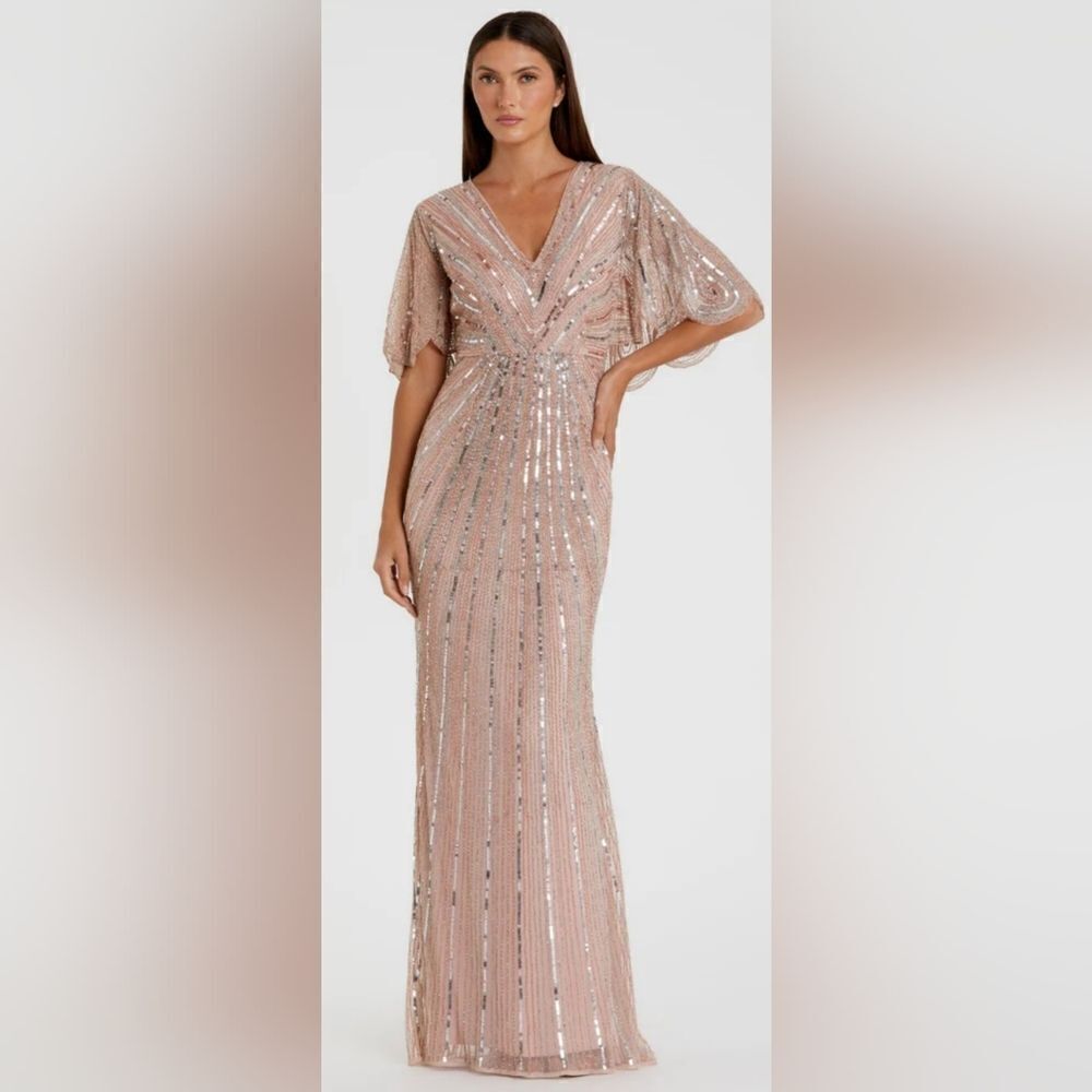 Mac Duggal 93583 Sequined V Neck Cape Sleeve Column Gown Nwot Size 16 Rose Pink